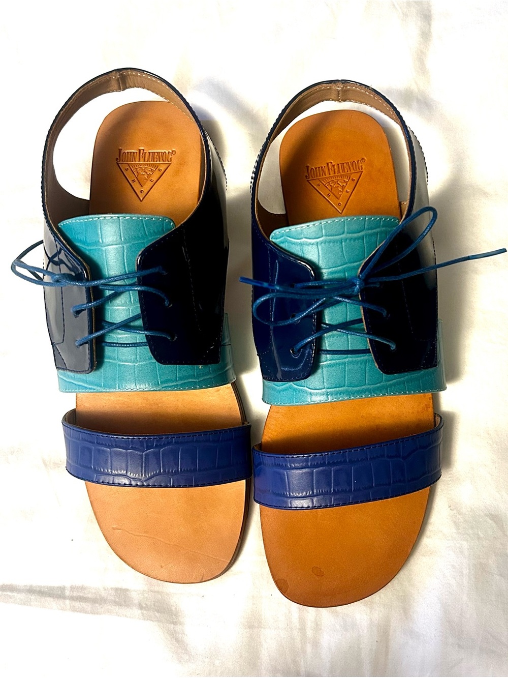 John Fluevog Teal & Navy Leather Lace-Up Women’s Sandals